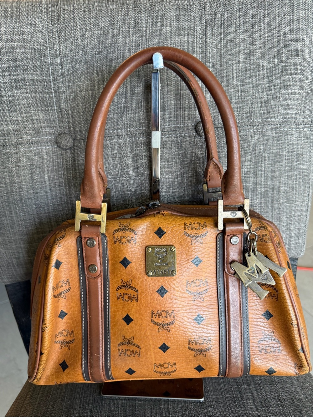 MCM Cognac Brown Visetos Logo Satchel with brass hardware